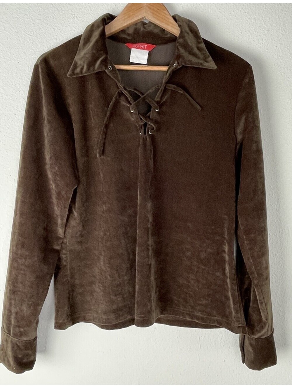 Vintage Esprit Brown Velvet Velour Lace Up V Neck Blouse Size Small